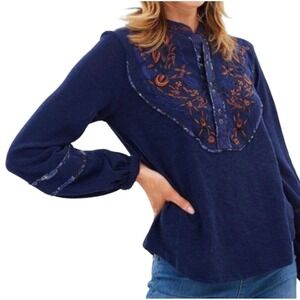 Free People Navy Blue Embroidered Blouse